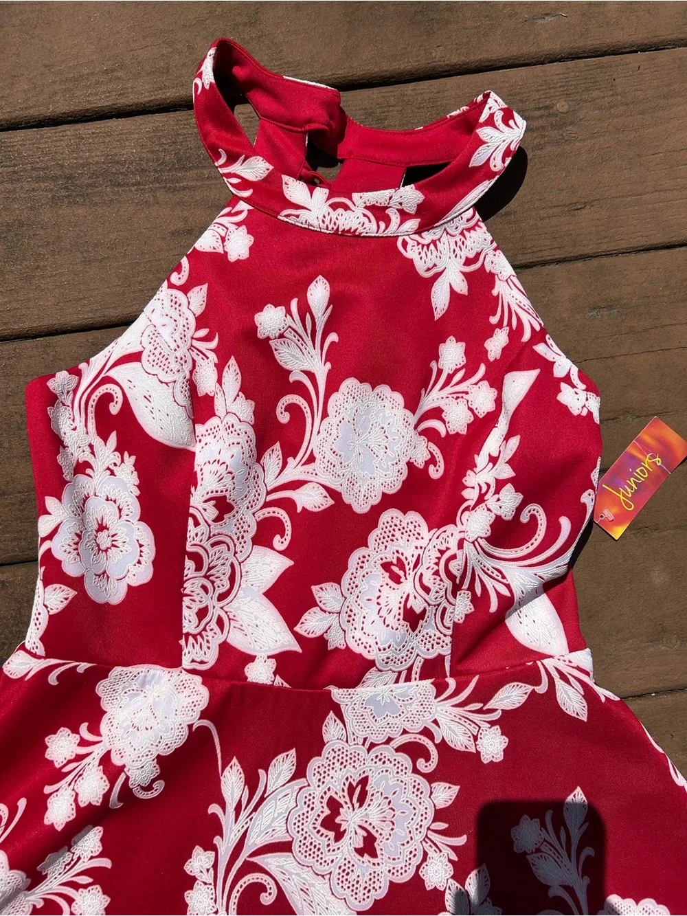 Juniors Red Floral Fit & Flare Dress